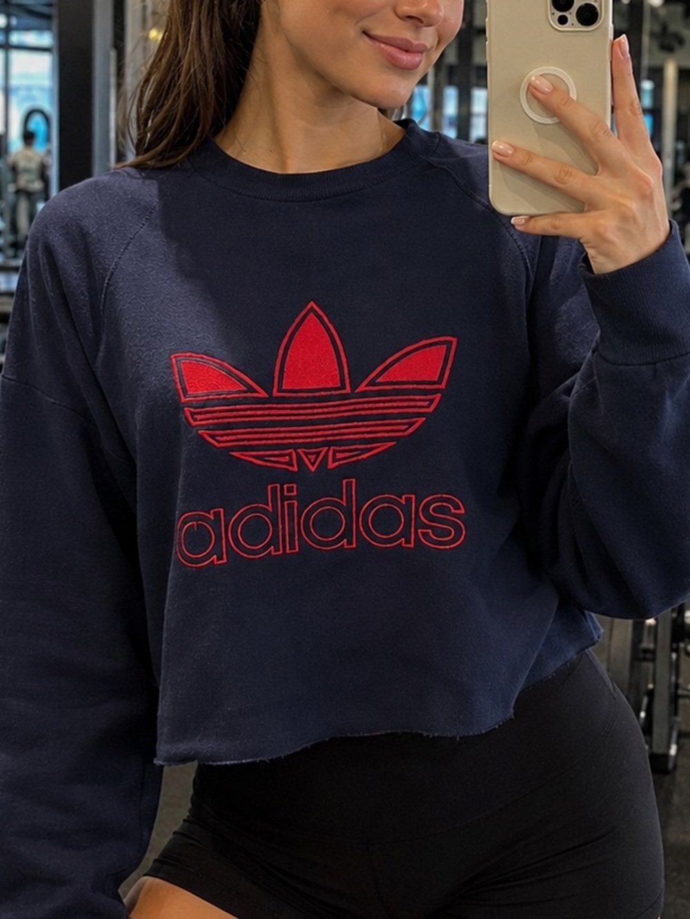 Vintage 80’s Adidas Navy Cropped Sweatshirt - Red Logo - Picture 3 of 4